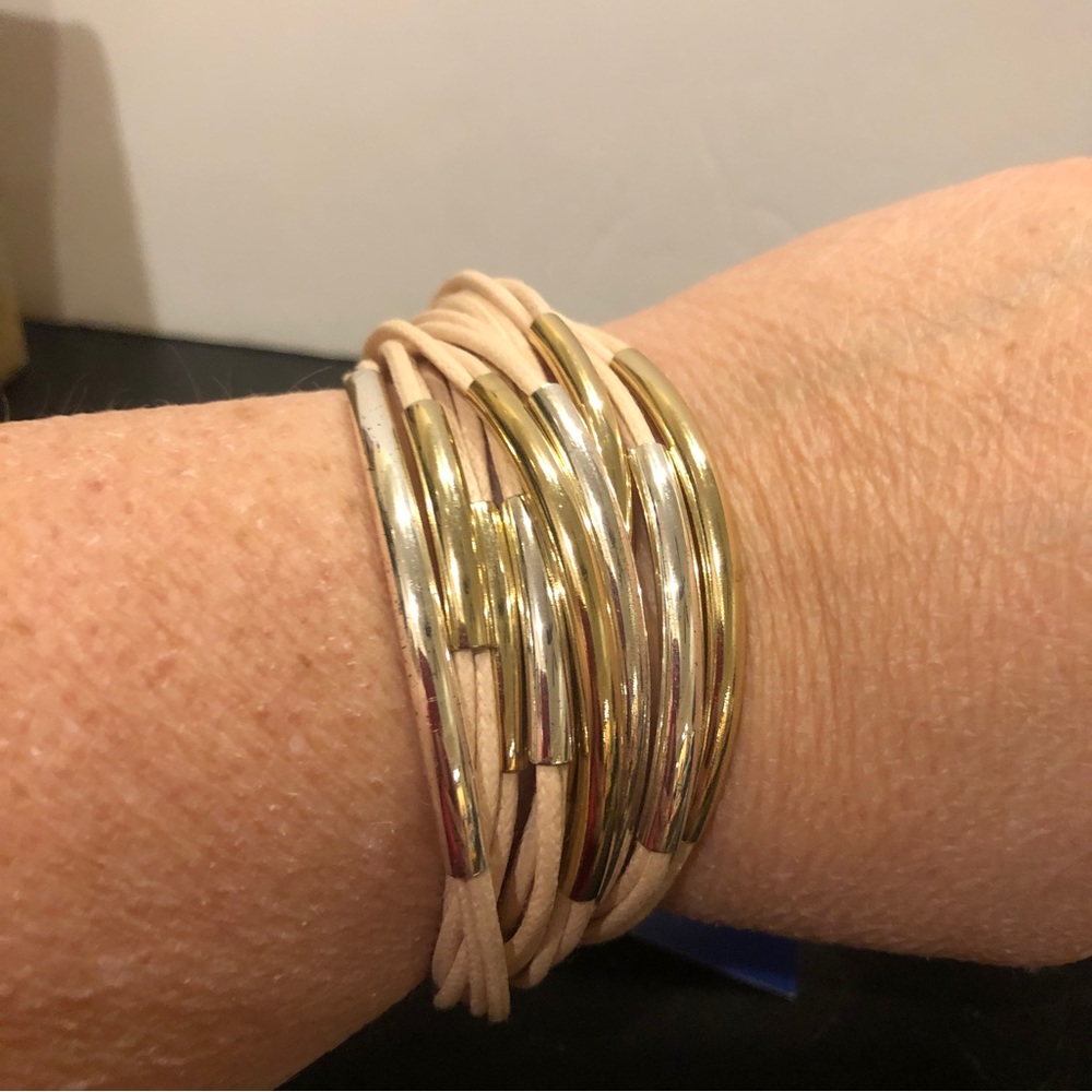 NWT Bella • Jack Bracelet,  tan cording w/ gold & silver curved bar hardware